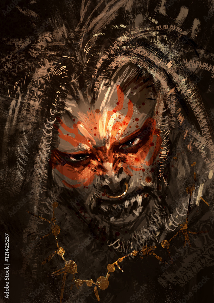 Naklejka premium monster portrait showing war paint on face of horror character,digital painting,illustration