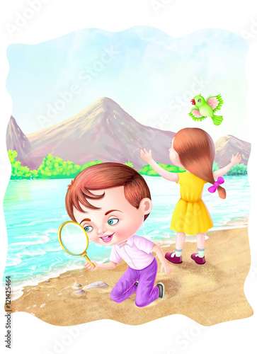 Girl and boy near river bank