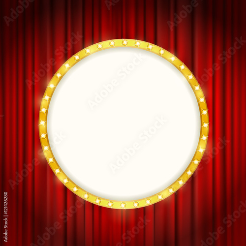 cinema golden round frame with shining light bulbs on red curtain