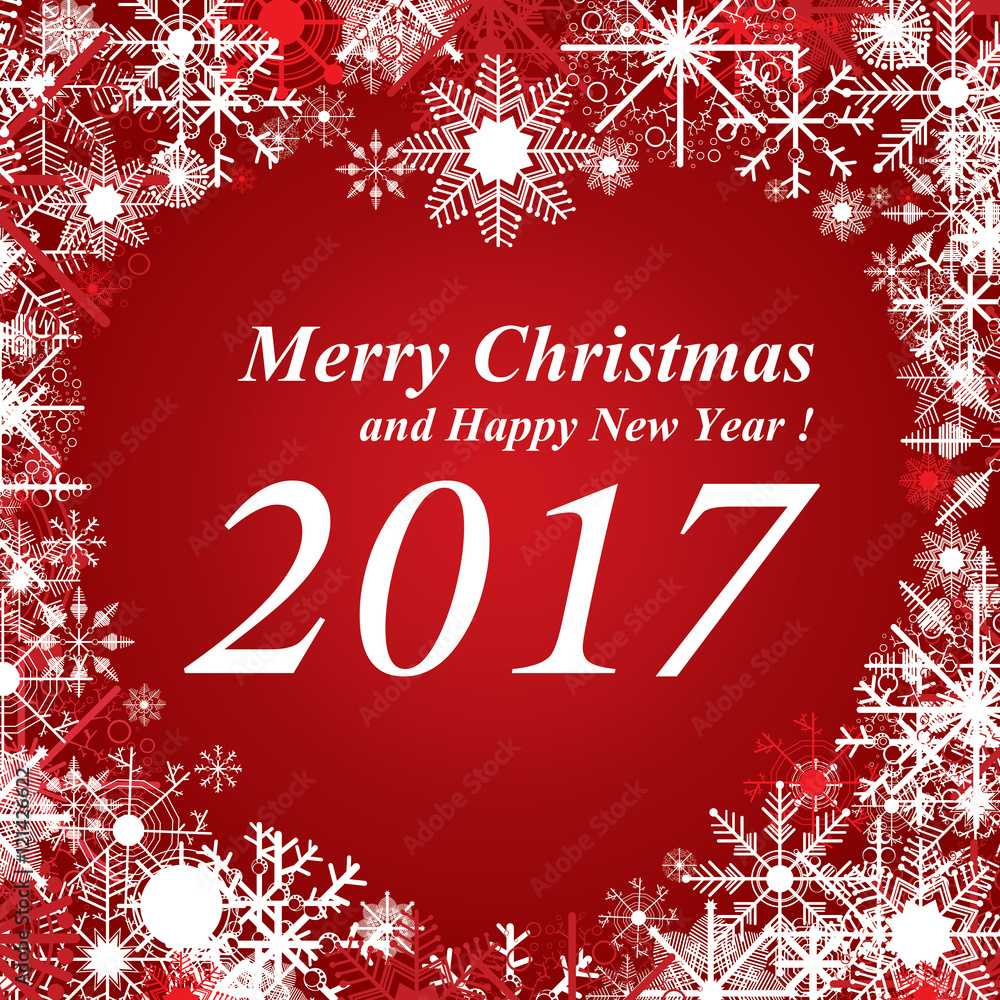 Merry Christmas and Happy New Year with white and red snow on red background.