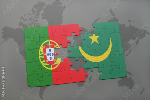 puzzle with the national flag of portugal and mauritania on a world map background.