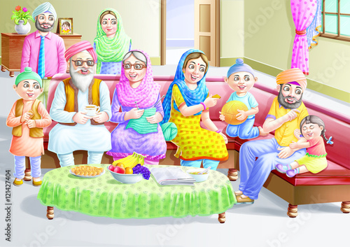 A Sikh family sits on a red...