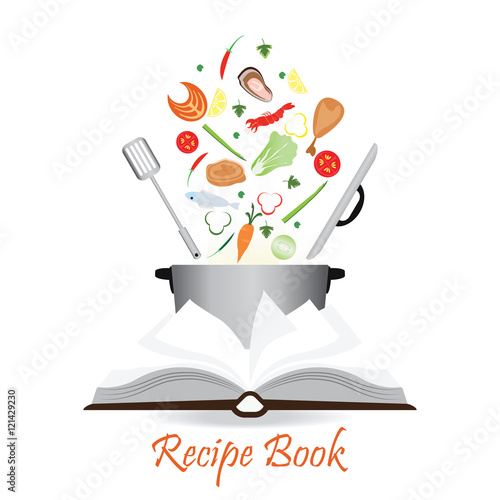 Open recipe book isolated on white .
