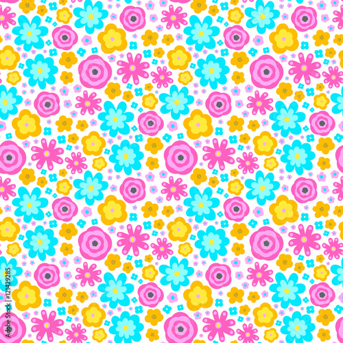 Summer flowers. Vector seamless pattern with flat floral ornament. Bright colors - pink  yellow  orange grey and white. Cute hand drawn flowers on white background.