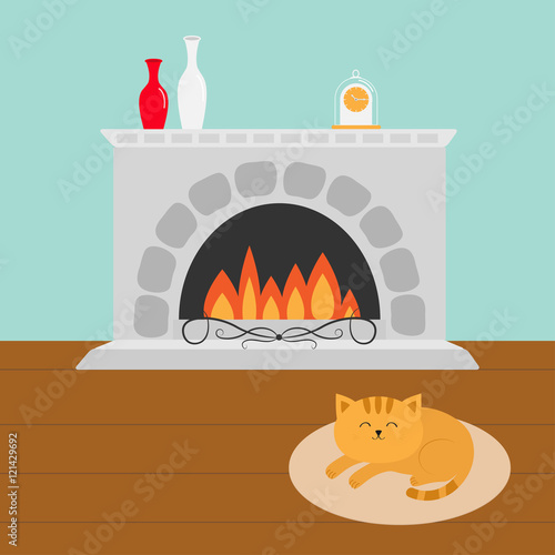 Cute cat lying sleeping on oval carpet rug mat. Funny cartoon character. Fireplace with vase set and clock. Burning fire. Flat design.