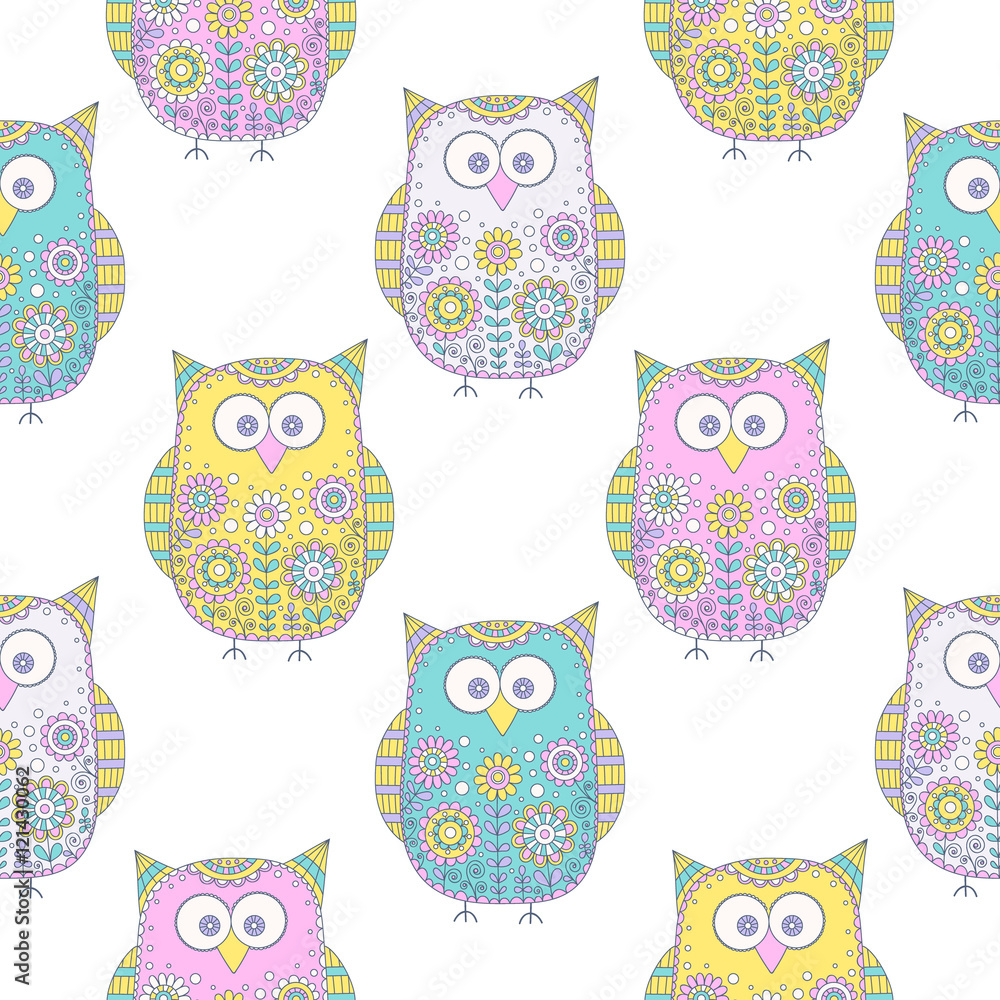 Seamless vector pattern with cartoon doodle owls. Cute birds with hand ...