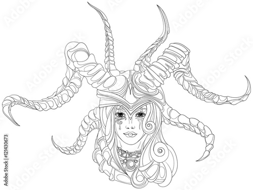 woman shaman wearing a helmet with horns