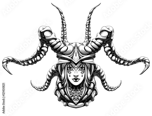 Girl in a helmet with long horns
