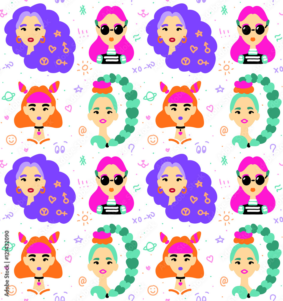 Beautiful women styled in 90s fashion. Seamless pattern. 90s fashion, make up, hair and accessories that became trendy again. Vector illustration eps 10 Beautiful women styled in 90s fashion. Seamless pattern. 90s fashion, make up, hair and accessories that became trendy again. Vector illustration eps 10