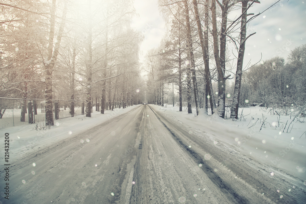 road in the snowy storm winter road in the snowy storm winter