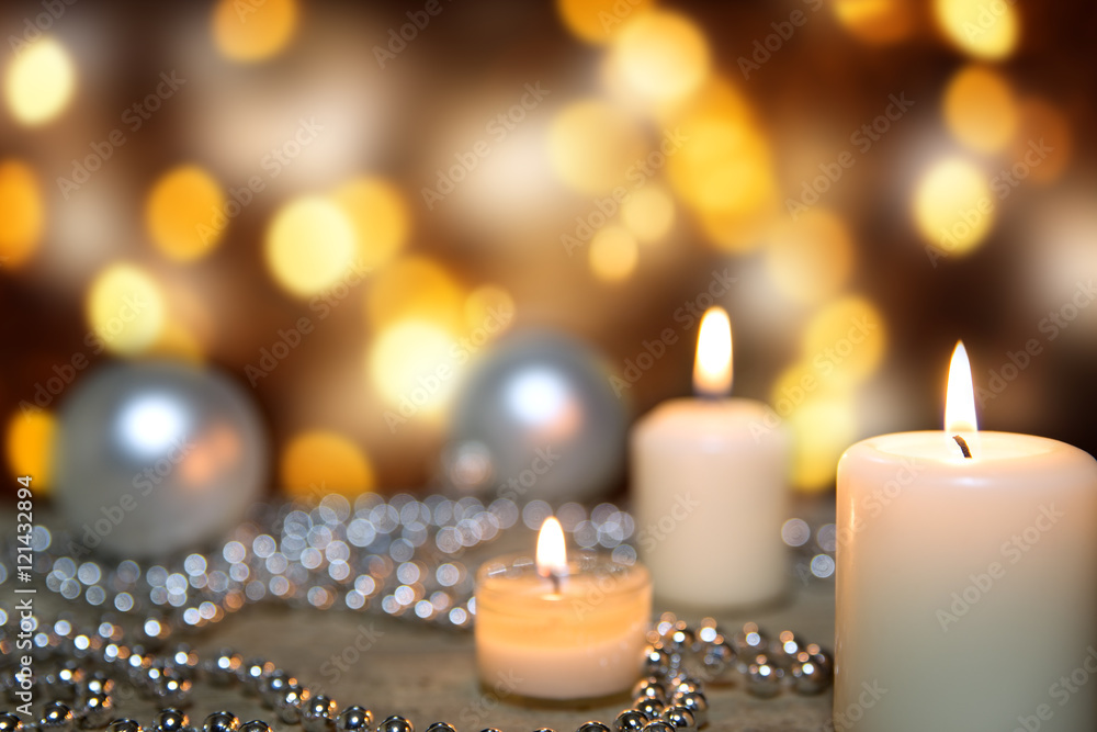 festive greeting card with candles, pearls and christmas balls festive greeting card with candles, pearls and christmas balls