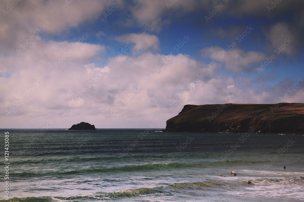 Beautiful view over the sea from Polzeath Vintage Retro Filter.