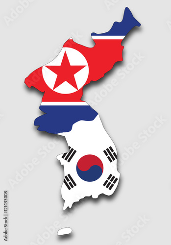 Map of the Korean Peninsula, Filled with the South and the North Korea Flag