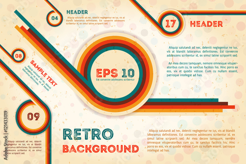 Abstract retro poster with text and colorful circles. Design elements and grunge texture. Vintage poster background.