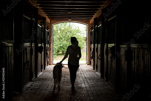Woman walks with dog in stable silhouette