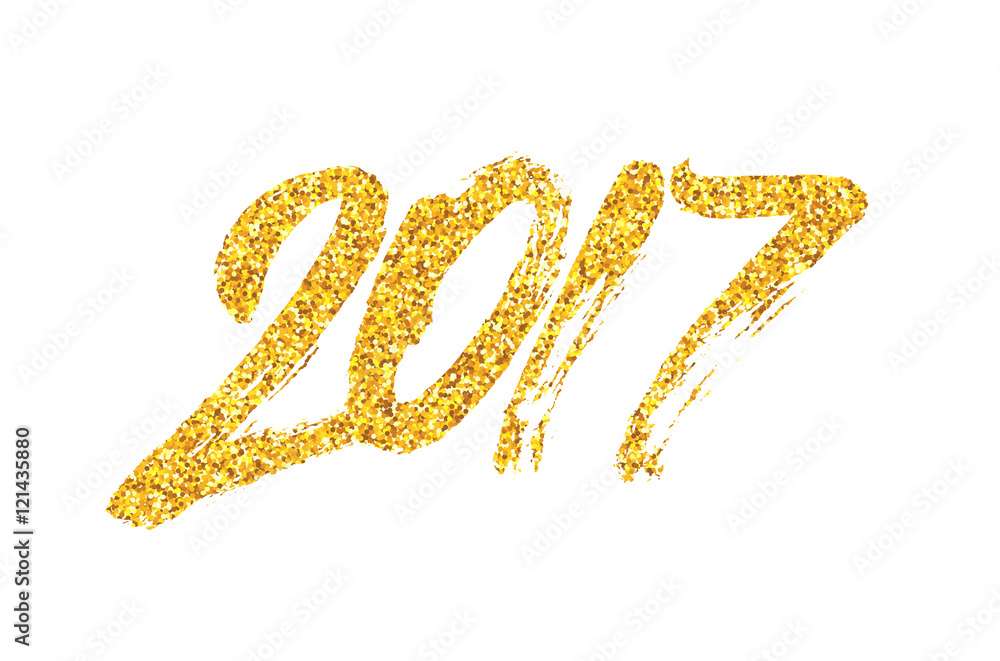 Happy New Year of the Rooster greeting card design template with gold glittering texture and chinese calligraphy text 2017 isolated on white background. Vector illustration with typography Happy New Year of the Rooster greeting card design template with gold glittering texture and chinese calligraphy text 2017 isolated on white background. Vector illustration with typography