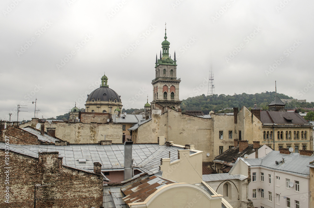View from the roof on the Kornyakta tower and the Dominican cathedral, Lviv, Ukraine
