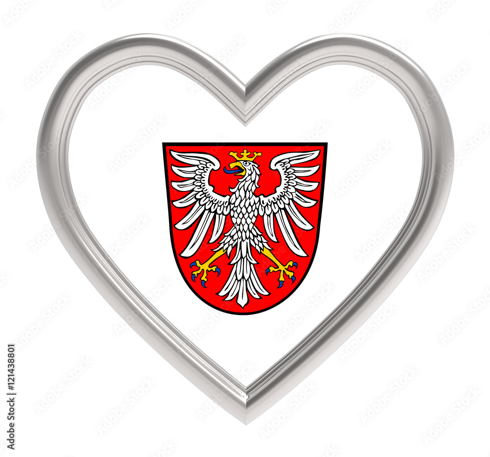 Fototapeta premium Frankfurt flag in silver heart isolated on white background. 3D illustration.