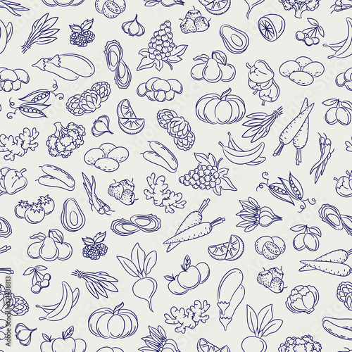 Fruits and vegetables seamless pattern. Food sketch style vectorbackground