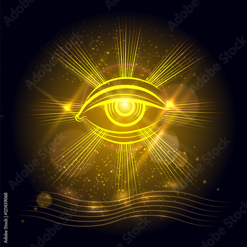 Spiritual eye or egypt eye of God on golden shining background. Vector illustration