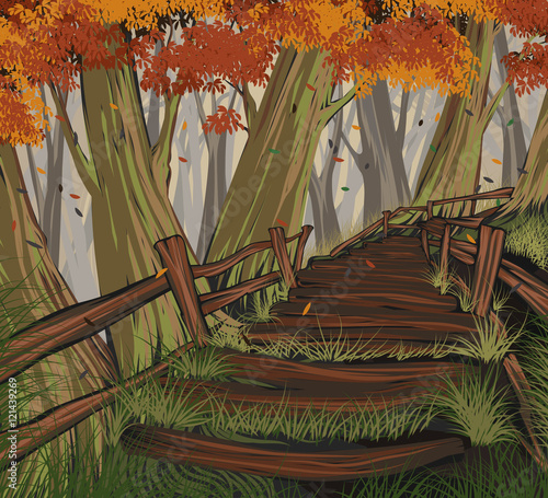 Autumn leaves scene vector hand drawing nature landscape background