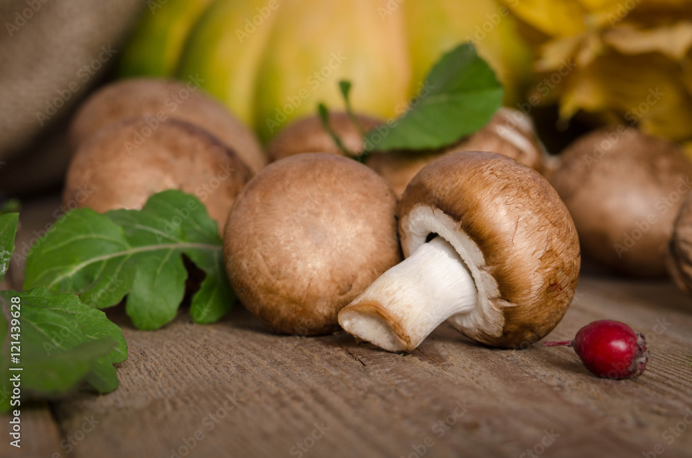 Fresh mushrooms with leaves of arugula on wooden background Fresh mushrooms with leaves of arugula on wooden background