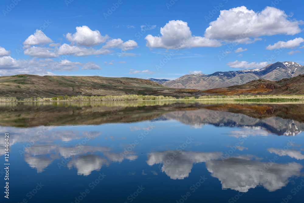 mountains lake sky clouds reflection