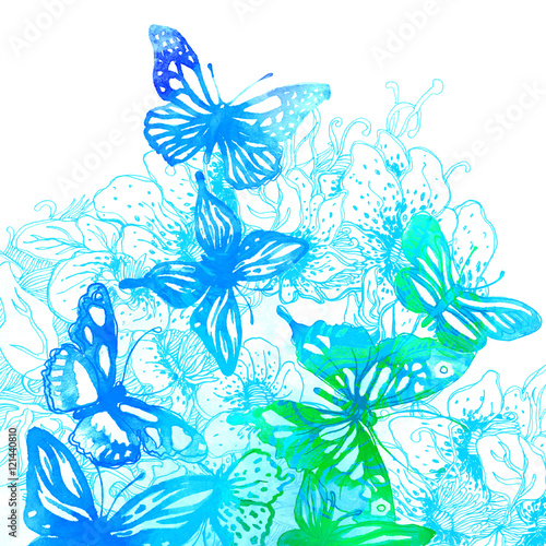 Amazing background with butterflies and flowers painted with wat