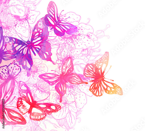 Amazing background with butterflies and flowers painted with wat