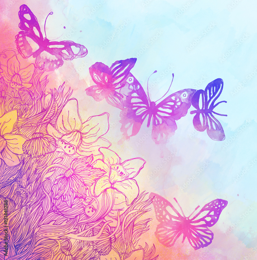 Fototapeta premium Amazing background with butterflies and flowers painted with wat