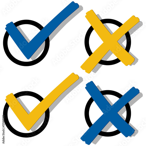 blue and yellow check mark and cross