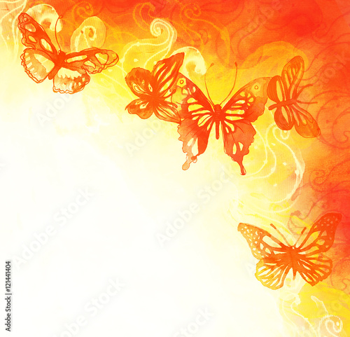 Amazing background with butterflies and flowers painted with watercolors