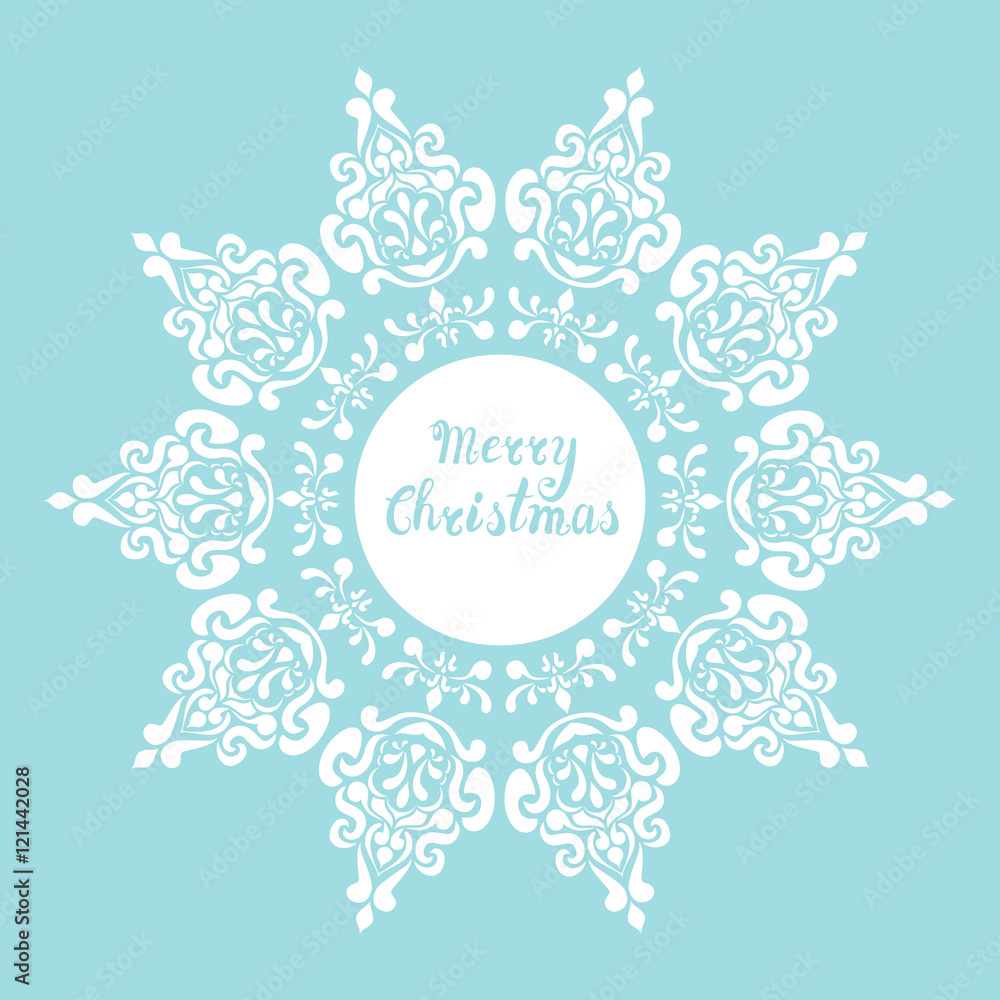 Fototapeta premium Merry Christmas card with snowflake. Lettering.