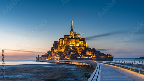 Fotografiet Mont saint michel Illuminated architecture panoramic beautiful postcard view at