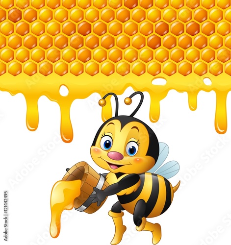 Cartoon bee holding bucket with honeycomb and honey dripping