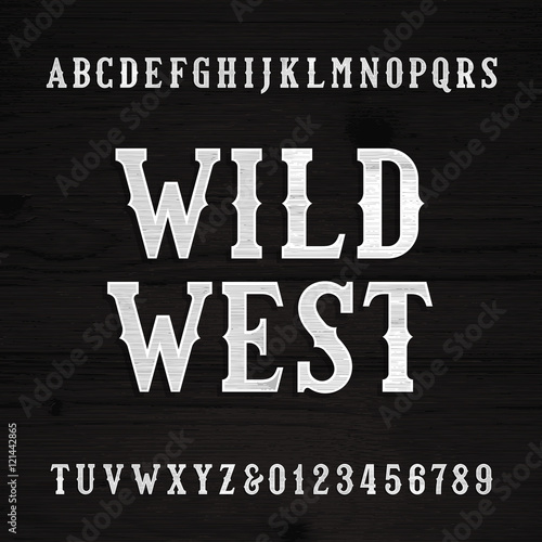 Wild West font. Vintage alphabet. Wood texture letters on a grunge wooden background. Vector typeface.
