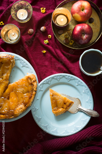 Classic french upside down apple tart Tarte Tatin. Selective focus.