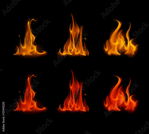 Set of Orange Red Fire Flame Bonfire Isolated on Background