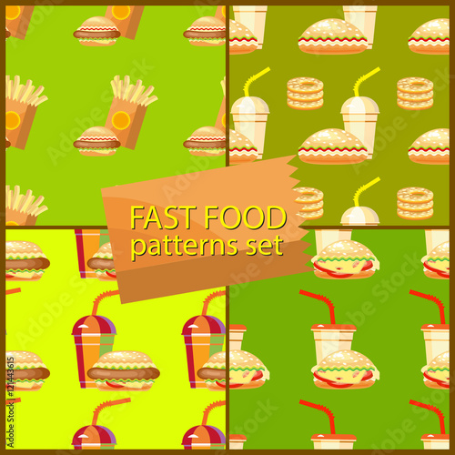 Seamless fast food background patterns set with hamburger  fries