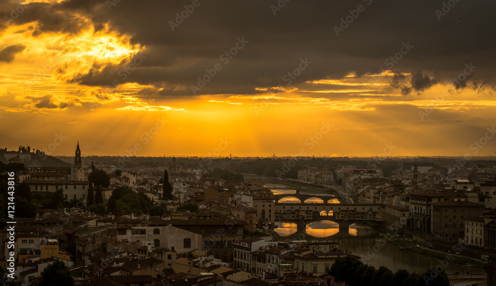 Great view of Florence from Michelangelo Square. Sunset over Florence, Italy.