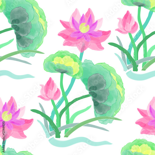 Floral seamless pattern with stylized aquatic plants like lotus flowers or water lilies. Vector design in watercolor style made from hand drawn illustration. Pink and purple blossoms, green leaves.
