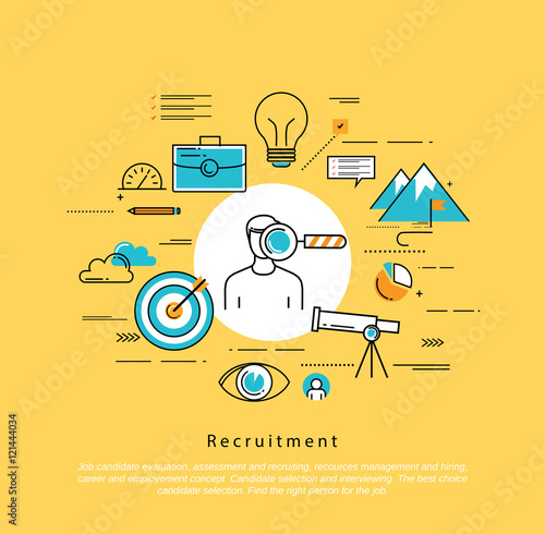 Line flat vector business design and infographic elements for job candidate evaluation, interviewing, assessment, recruiting, resources and corporate management, hiring, employment, career concept