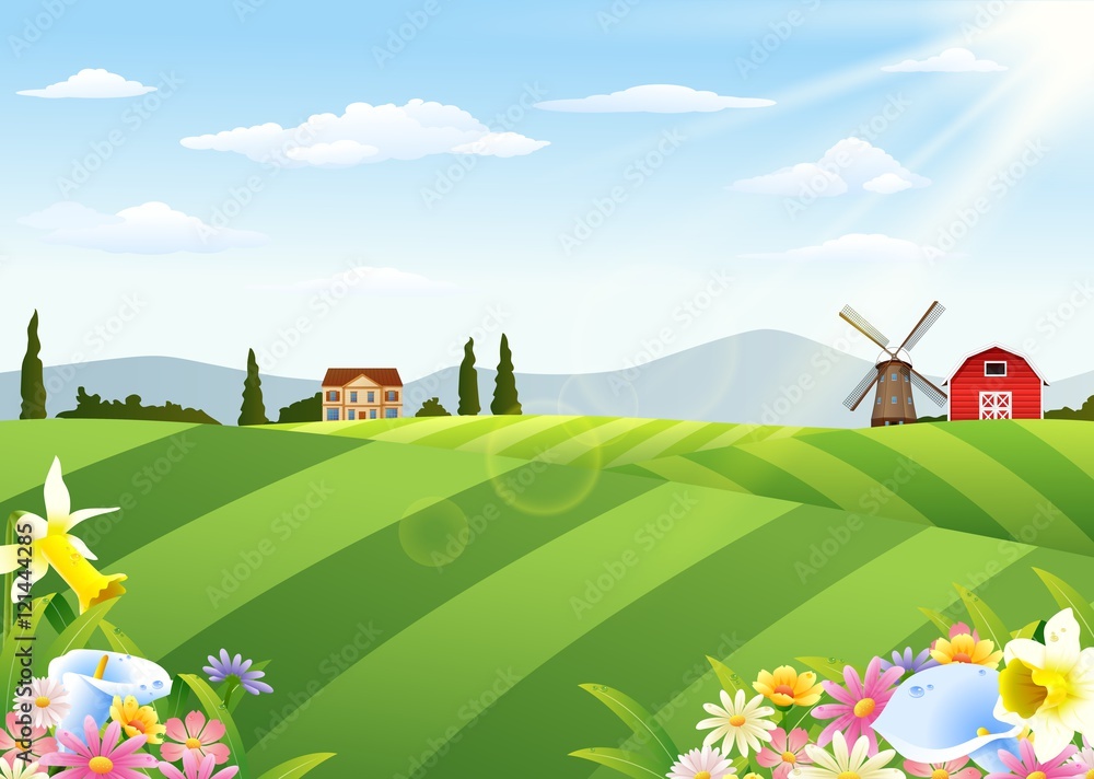 Naklejka premium Farm landscape with barn and windmill