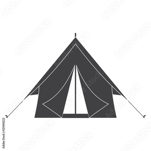 Camping tent silhouette isolated on white background. Triangle tourist tent in outline design. Hiking equipment vector icon.