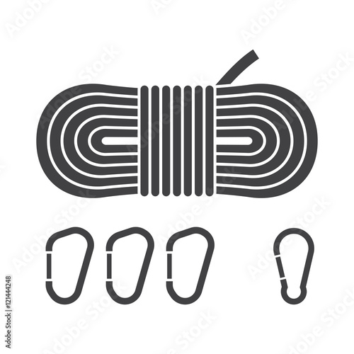Mounaineering vector icon set. Climbing rope and carabiners. Alpinism equipment icons isolated on white background