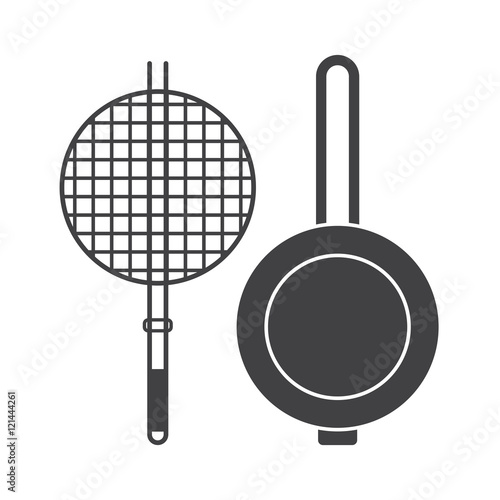 Barbecue brazier and pan vector icons. Kitchen appliance vector brazier pictogram in outline design. Cooking pan isolated on white background