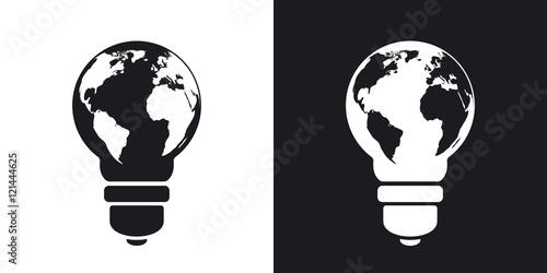 Vector light bulb icon with world map. Two-tone version on black and white background