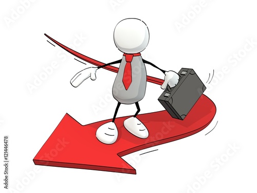 little sketchy man with briefcase and tie surfing on a red arrow