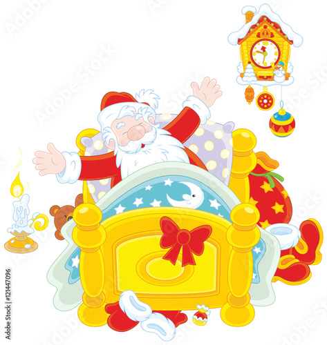 Santa Claus yawning and stretching oneself in his bed