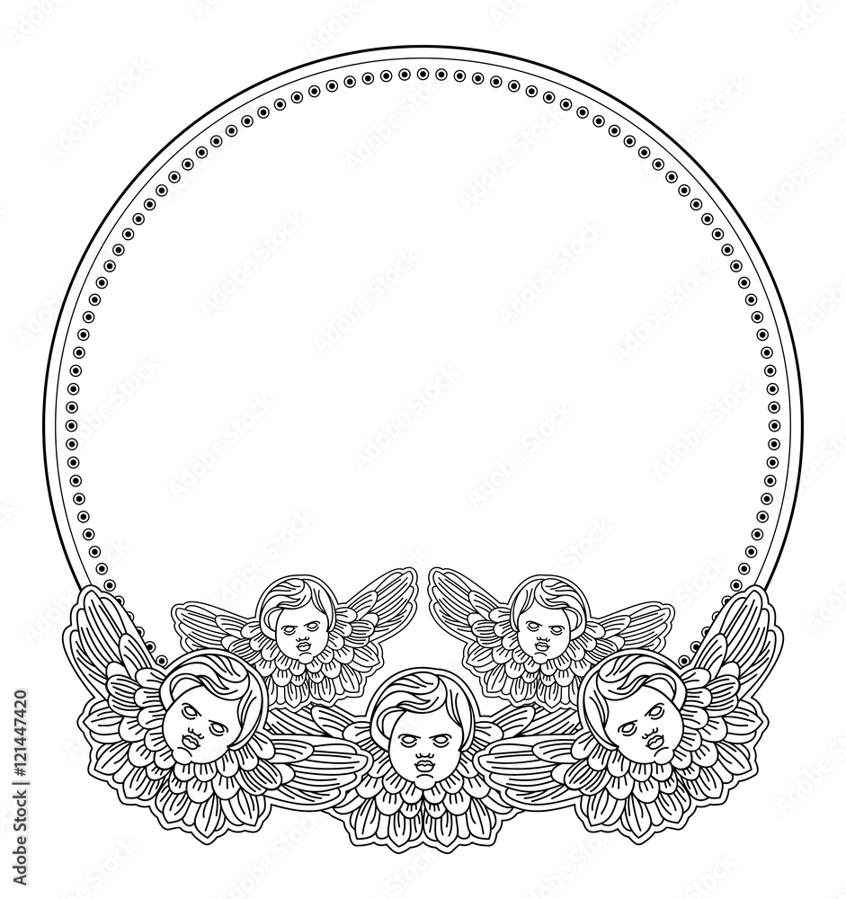 Black and white round  frame with outline cherub in vintage style. Vector custom 
element for design artworks.